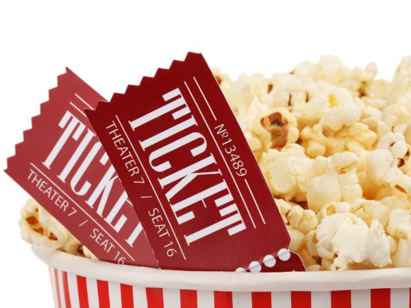 popcorn bucket and movie tickets